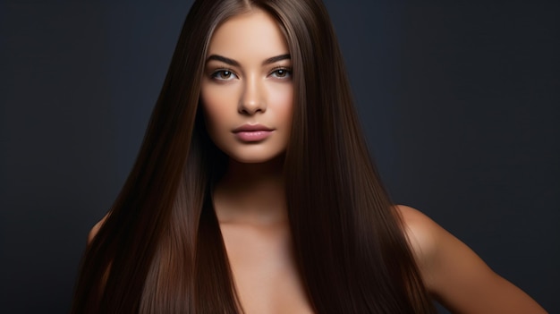 Porträt einer jungen Frau mit langen braunen Haaren vor einem dunklen Hintergrund