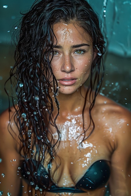 Porträt einer jungen Frau mit nassen Haaren und Wassertropfen auf ihrem Gesicht hinter einer durchsichtigen Oberfläche