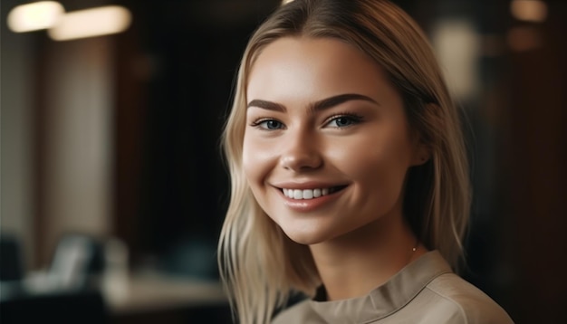 Porträt einer jungen Frau mit perfektem Lächeln, Blick in die Kamera