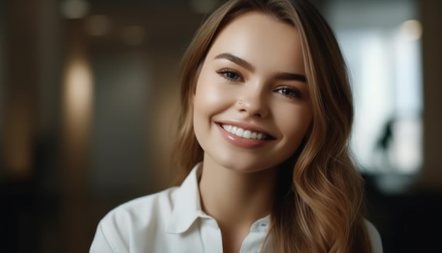 Porträt einer jungen Frau mit perfektem Lächeln, Blick in die Kamera