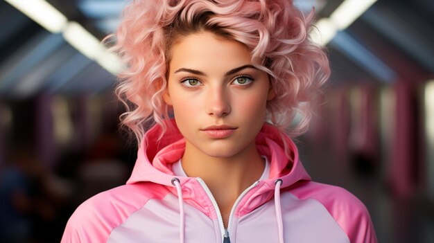 Porträt einer jungen Frau mit rosafarbener Perücke und Make-up