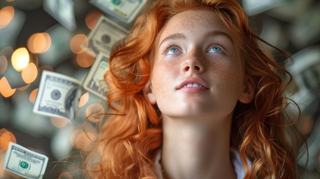 Porträt einer jungen Frau mit roten Haaren und Freckles, die aufblickt und von fallenden Dollarscheinen umgeben ist