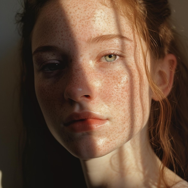 Porträt einer jungen Frau mit Sommersprossenstreifen auf ihrem schönen Gesicht