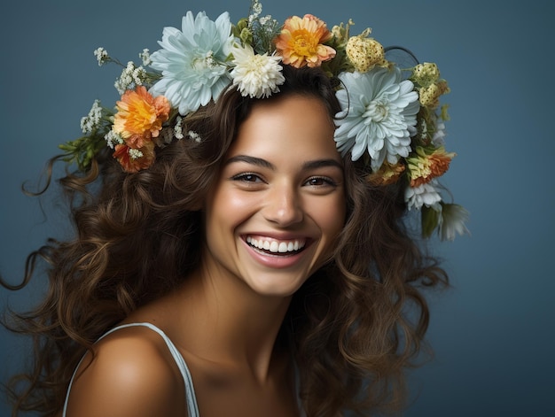 Porträt einer jungen, fröhlichen Frau mit einer Frisur, die mit einem Blumenkranz verziert ist. Generative KI