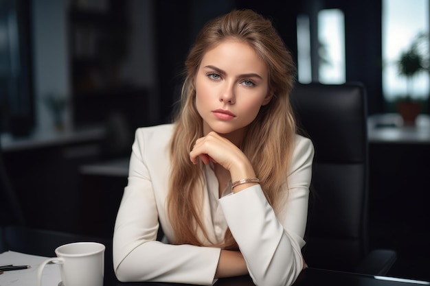 Porträt einer jungen Geschäftsfrau, die an ihrem Schreibtisch im Büro arbeitet, das mit generativer KI erstellt wurde