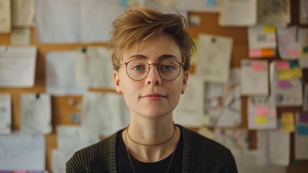 Porträt einer jungen Geschäftsfrau, die im Büro mit Haufen Papierarbeit arbeitet