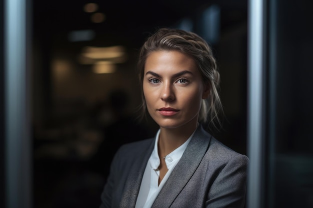 Porträt einer jungen Geschäftsfrau in einem mit generativer KI erstellten Büro