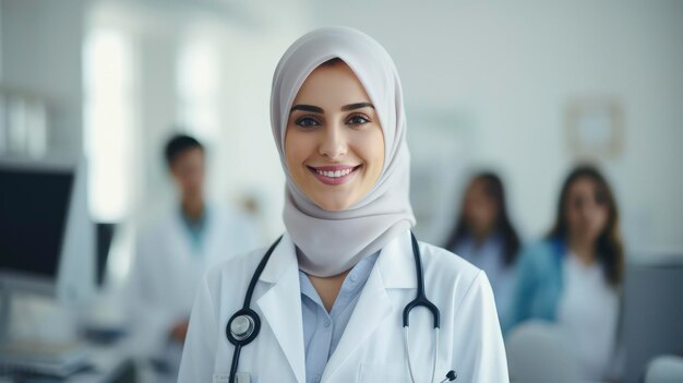 Porträt einer jungen, hübschen, lächelnden arabischen Ärztin