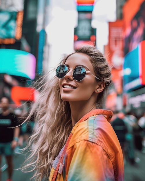 Porträt einer jungen kaukasischen Frau mit Sonnenbrille, die auf dem Times Square in New York City lächelt. Konzept für urbanes Reisen und Urlaub genießen