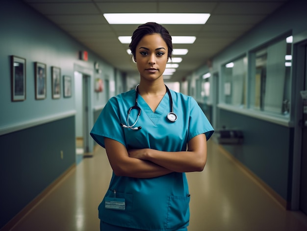 Porträt einer jungen Krankenschwester im Krankenhauskorridor Eine medizinische Assistentin steht im Krankenhaus