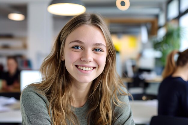 Porträt einer jungen lächelnden Frau, die im Kreativbüro in die Kamera blickt