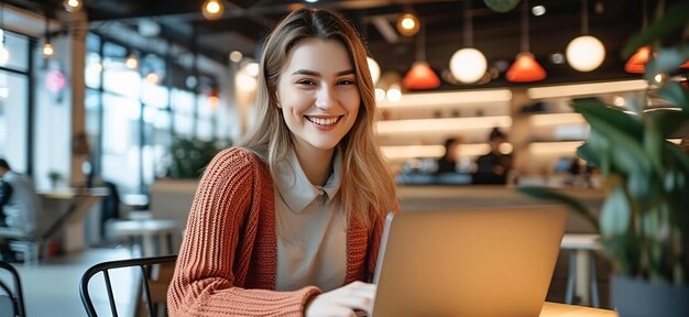 Porträt einer jungen lächelnden Frau mit einem Laptop in einem Café oder in einem Coworking-Raum