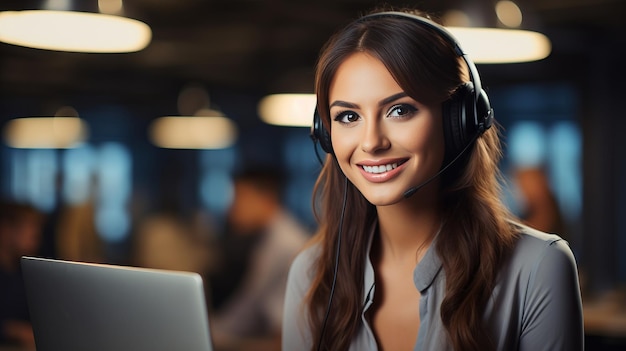 Porträt einer jungen lächelnden kaukasischen Callcenter-Betreiberin, die mit einem Headset arbeitet