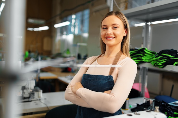 Foto porträt einer jungen lächelnden näherin, die am arbeitsplatz steht