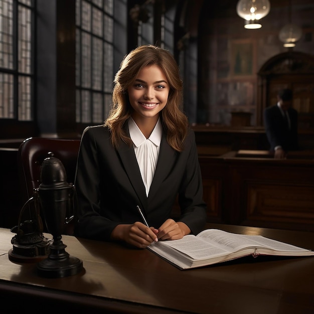 Foto porträt einer jungen, lächelnden und glücklichen anwältin an ihrem arbeitsplatz im büro anwalt-technologin und professionelles gesicht frau-anwältin und rechtsberaterin in einer anwaltskanzlei