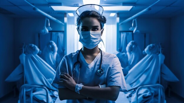 Porträt einer jungen maskierten Krankenschwester in einem Krankenhaus