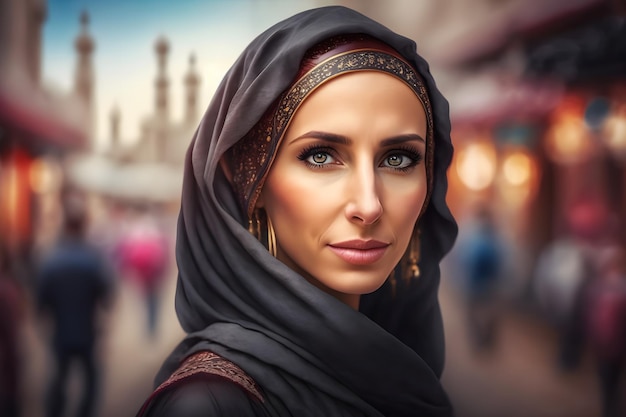 Porträt einer jungen muslimischen Frau mit Hijab-Kopf, neuronales Netzwerk, erzeugt durch KI