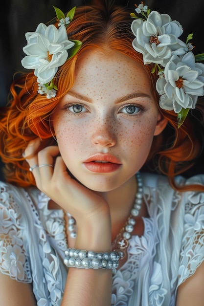 Porträt einer jungen rothaarigen Frau mit Freckles, die einen Blumenkranz und eine Perlenkette trägt