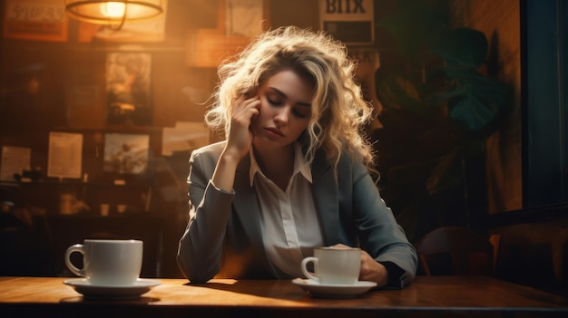 Porträt einer jungen schläfrigen Frau mit Kaffee, die an einem Tisch in einem Café sitzt