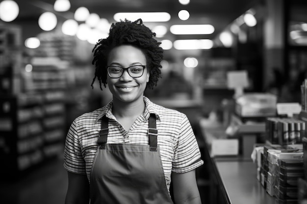 Porträt einer jungen, schönen afroamerikanischen Frau, die in einem Café arbeitet.