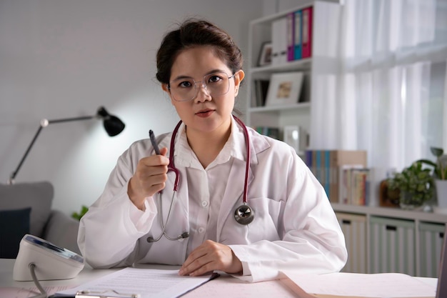 Porträt einer jungen schönen asiatischen Ärztin, die in der Arztpraxis in die Kamera schaut und eine Online-Beratung mit dem Patienten hat. Junge Ärztin mit Stethoskop, die einen Videoanruf tätigt