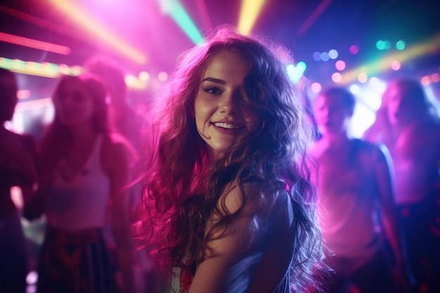 Porträt einer jungen schönen Frau, die in einem Nachtclub mit Lichtern tanzt