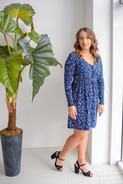 Porträt einer jungen schönen Frau in einem blauen Kleid in einem stilvollen, modernen Interieur in der Nähe des Fensters