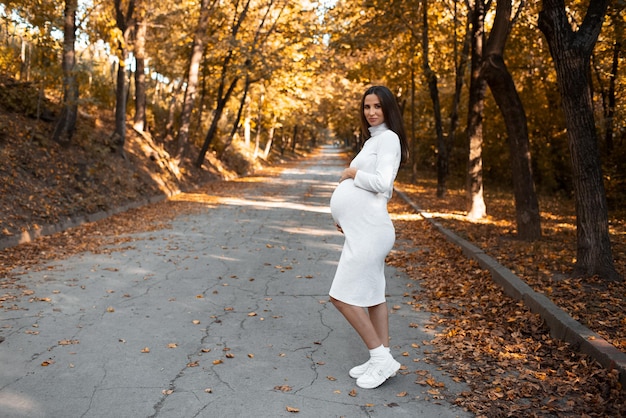 Porträt einer jungen schwangeren Frau, die den Bauch mit Händen berührt, die ein weißes Kleid auf dem Hintergrund des goldenen Herbstparks tragen