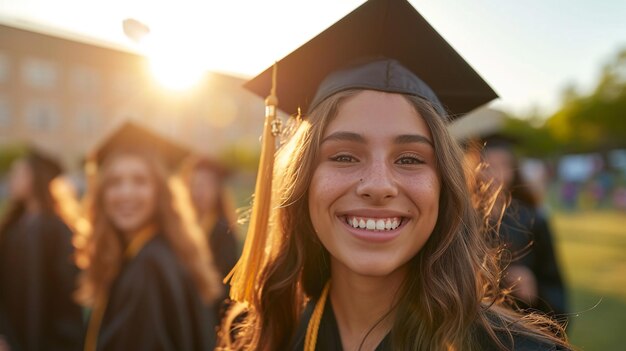 Foto porträt einer jungen studentin, ein lächelndes mädchen, universitätsabschluss, sonniger tag