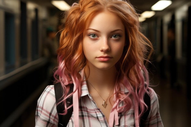 Porträt einer jungen Studentin mit roten Haaren auf verschwommenem Schul- oder College-Hintergrund