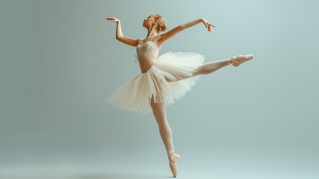 Porträt einer jungen tanzenden Ballerina, die isoliert auf einem grauen Studio-Hintergrund auftritt