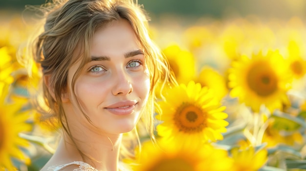 Porträt einer jungen ukrainischen Frau vor dem Hintergrund eines bunten Sonnenblumenfeldes, dem Nationalsymbol der Ukraine