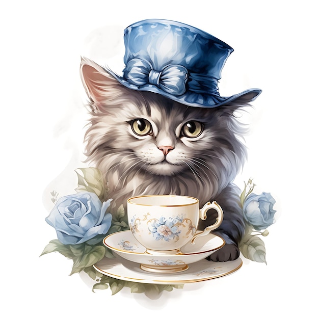 Porträt einer Katze, die eine Teetasse hält und niedlich blinkt. Blaues Vintage-Poster in 2D-Flachdesign