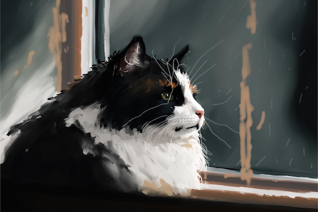 Porträt einer Katze, die in der Nähe des Fensters sitzt Illustrationsmalerei im digitalen Kunststil Cartoon-Stil einer Katze in der Nähe des Fensters