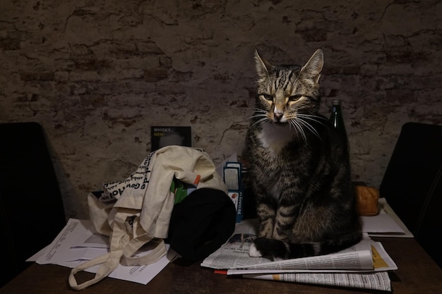 Porträt einer Katze, die zu Hause auf dem Tisch sitzt
