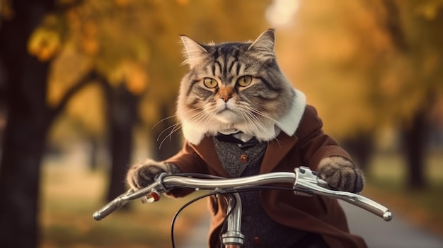 Porträt einer Katze im Anzug auf einem Fahrrad in einem Park in der Stadt, Herbst-KI generiert