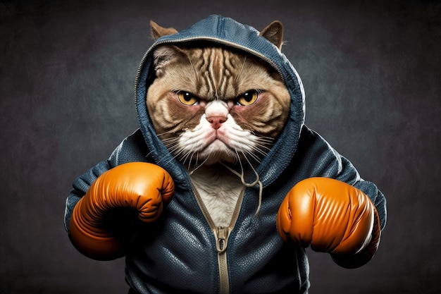 Porträt einer Katze in einem Trainingsanzug und Boxhandschuhen um den Hals generative ai