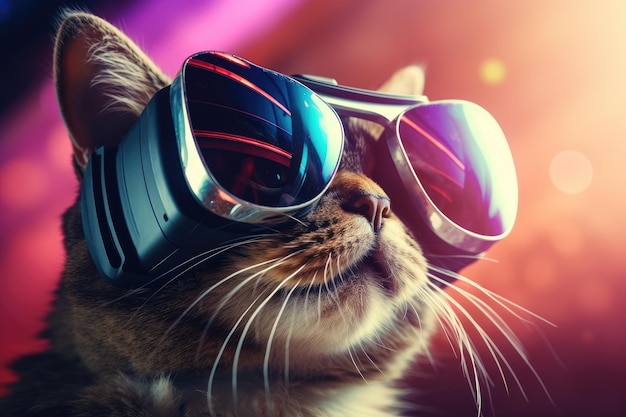 Porträt einer Katze mit Fliegerbrille auf farbenfrohem Hintergrund Eine niedliche Katze mit Virtual-Reality-Brille wird in einer Nahaufnahme aufgenommen, die das Technologiekonzept AI Generated hervorhebt