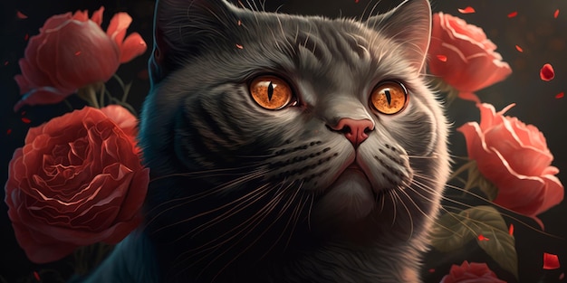 Porträt einer Katze mit Rosen im Hintergrund Generative KI