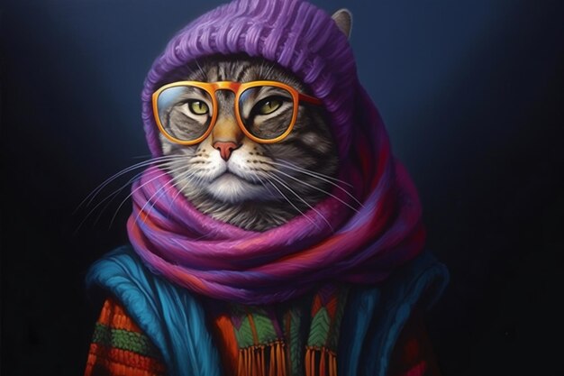 Porträt einer Katze mit Schal und Brille auf einem dunklen Hintergrund