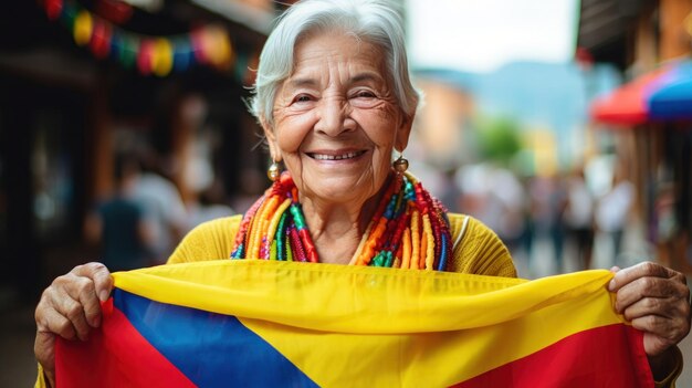 Porträt einer kolumbianischen Seniorin mit Nationalflagge