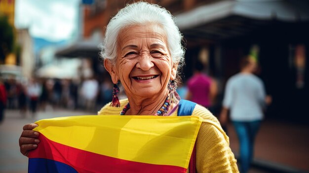 Porträt einer kolumbianischen Seniorin mit Nationalflagge