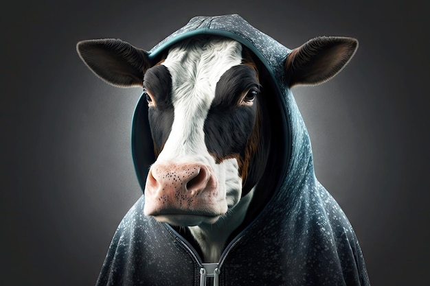 Porträt einer Kuh in Sportkleidung und einer generativen ai-Kapuze