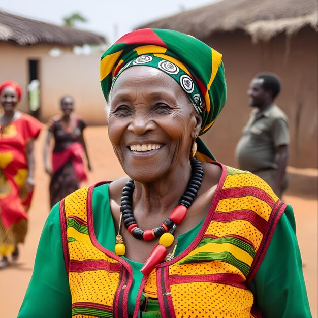 Porträt einer lächelnden älteren afrikanischen Frau, die in den Farben der südafrikanischen Flagge gekleidet ist