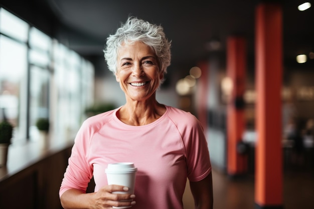 Porträt einer lächelnden älteren Frau, die Kaffee hält, um ins Fitnessstudio zu gehen