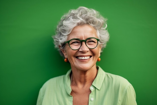 Porträt einer lächelnden älteren Frau mit Brille auf einem grünen Hintergrund