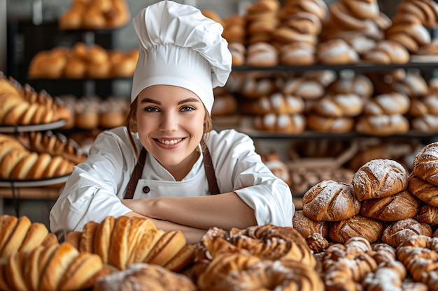 Porträt einer lächelnden Bäckerin, die einen Korb mit gebackenen Croissants in der Bäckerei hält