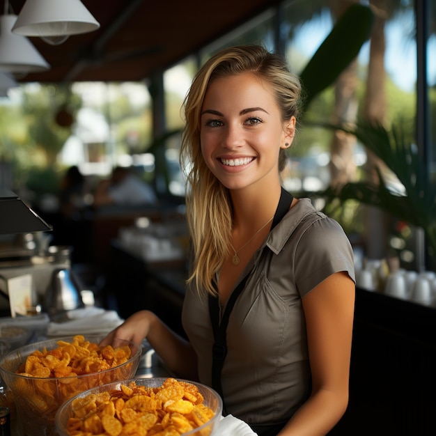 Porträt einer lächelnden blonden Kellnerin mit Schüsseln voller Chips