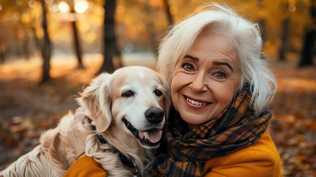 Foto porträt einer lächelnden dame mit hund im park