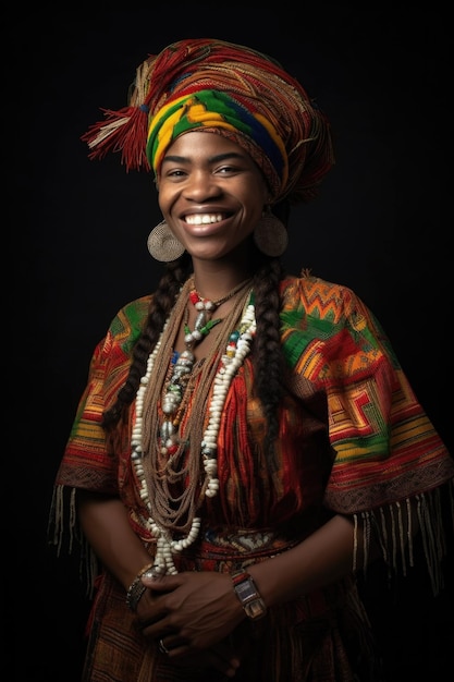Porträt einer lächelnden ethnischen Frau in traditioneller brasilianischer Kleidung mit den Händen auf der Hüfte